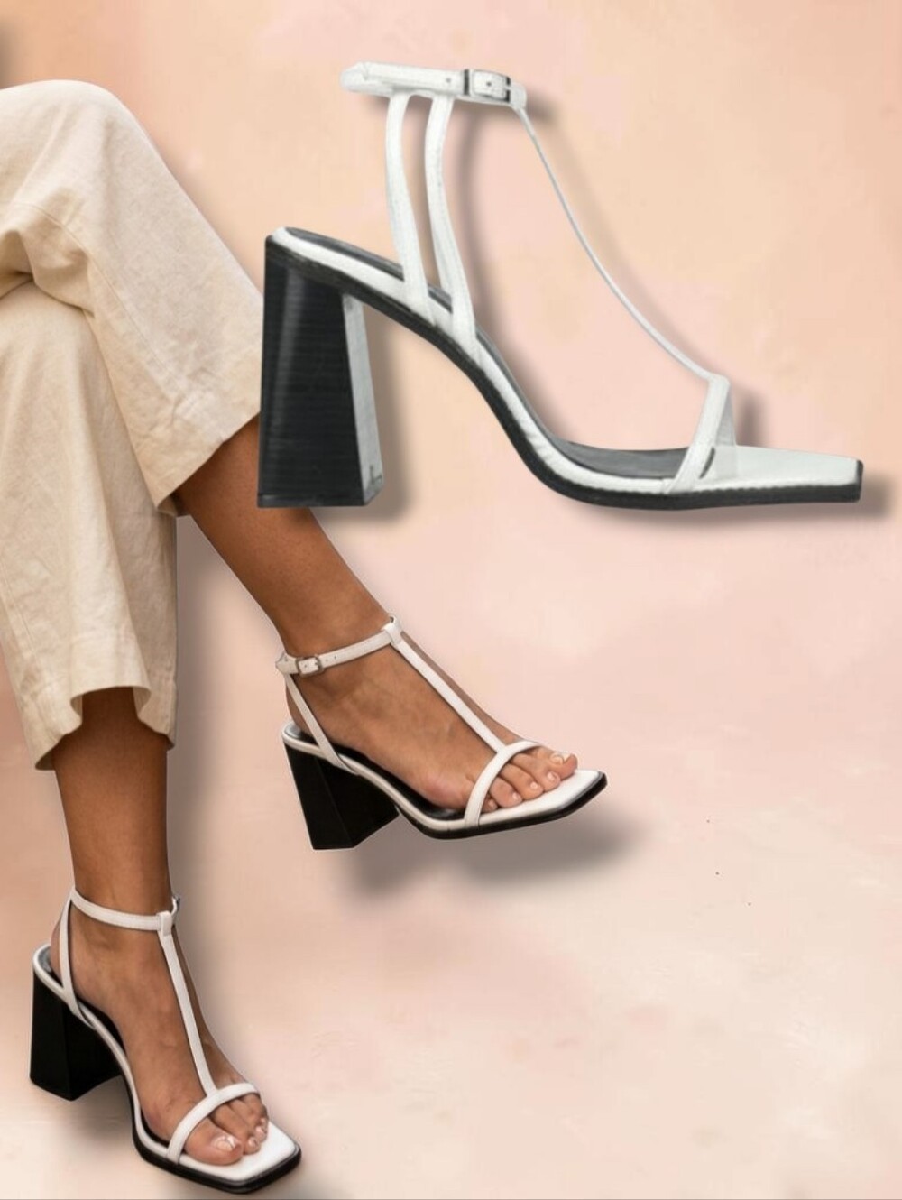 L'Intervalle Women's White Leather Black Chunky Heeled Sandals